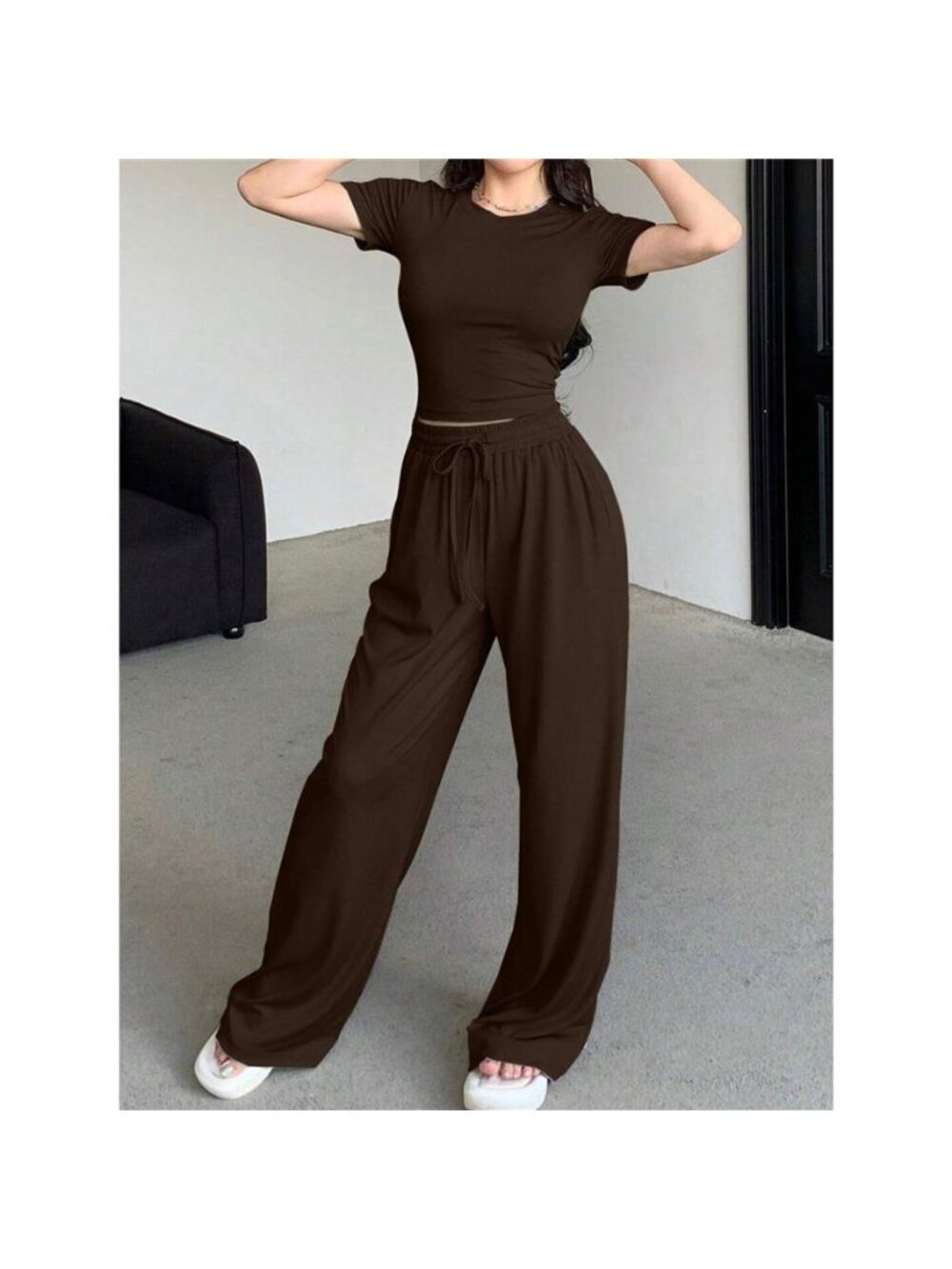 Solid Color Short Sleeve Crop Top and Wide Leg Pants Set